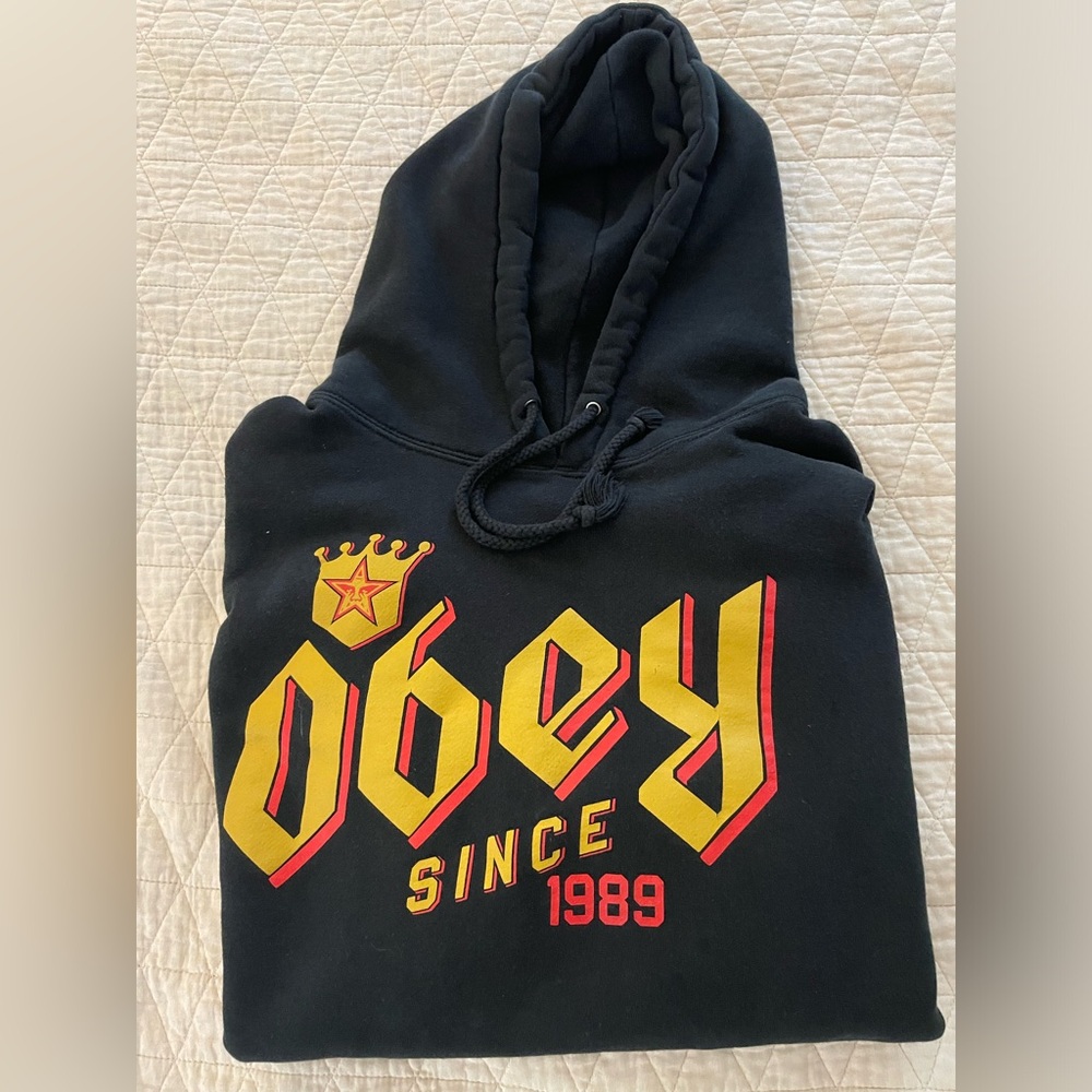 OBEY Since 1989 Crown Spell Out Logo Graphic Jersey Knit Hoodie in Black Size L